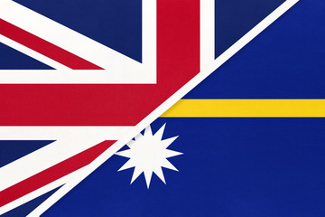 United Kingdom vs Nauru national flag from textile. Relationship between two European and Oceania countries.