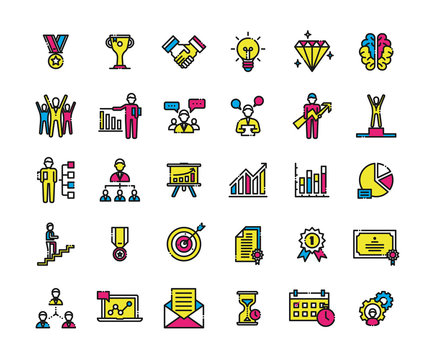 Business success icons set. Icons for business, management, finance, strategy, planning, analytics, banking, communication, social network, affiliate marketing.