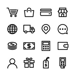 Online shopping icon set. E-commerce shopping in line icon style. Vector.