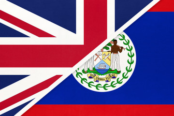United Kingdom vs Belize national flag from textile. Relationship between two european and american countries.