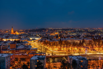 Night view of city of Cluj-Napoca, Romania, during winter 
