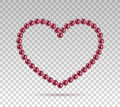 Heart shape frame painting isolated on transparent background. Pearl chains. Realistic red pearls. Beautiful natural heart shaped jewelry. Frame thread of pearls. Pearl necklace. Vector illustration