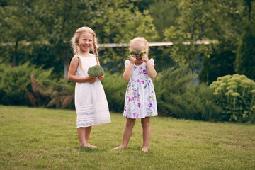 Naklejka na ściany i meble Two little girls in sarafans and pigtails in a green garden are holding broccoli in their hands. They close their eyes, laugh. Healthy food concept, green vegetarian food.