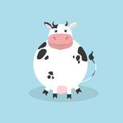 Thick cartoon cow on a blue background. Vector illustration of a white bull with black spots.