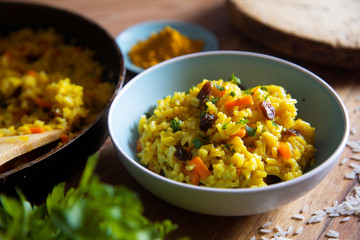 Yellow curry rice with vegetables and raisins