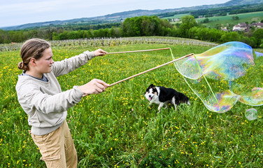 Une fille joue avec un chien Border Collie avec des bulles géantes dans un champ