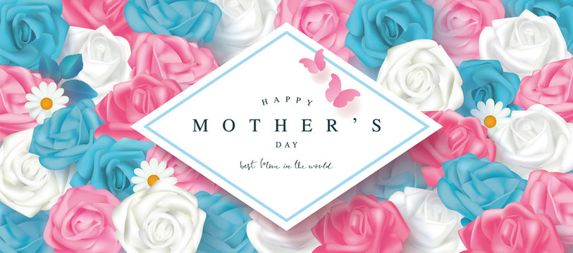 Happy mother's day card with roses and butterflies. Floral background. Template design for postcard, flyer,poster, invitation.Vector illustration