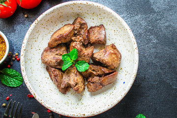 liver cream stew, creamy sauce (chicken liver, healthy diet eating) keto or paleo diet
menu concept background. top view. copy space for text