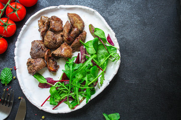 liver cream stew, creamy sauce (chicken liver, healthy diet eating) keto or paleo diet
menu concept background. top view. copy space for text