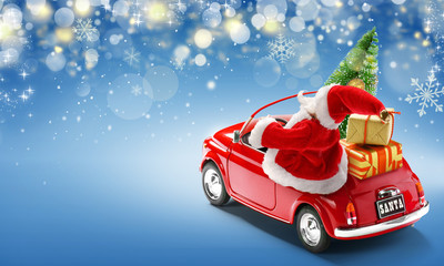 Santa Claus driving red car with gift boxes and Christmas tree on blue background with bokeh lights