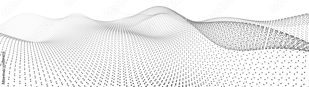 Poster abstract dynamic wave of particles. wave of gradient dots on white background. futuristic vector ill
