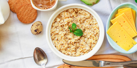breakfast (oatmeal porridge, dairy products and more, snack) menu concept background. top view. copy space for text