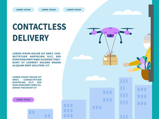 Landing page of the site for the delivery service of the online store. Contactless online delivery. Safety during coronovirus. A drone delivers a box to an elderly woman. Vector