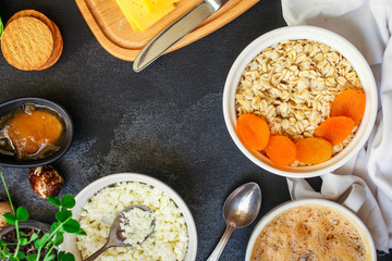 breakfast (oatmeal porridge, dairy products and more, snack) menu concept background. top view. copy space for text