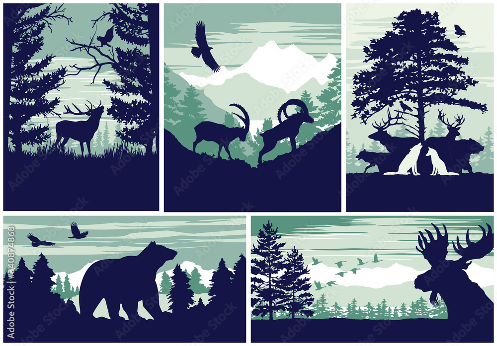 Wall mural Mountain and forest animal wildlife vector outdoor adventure silhouette labels collection