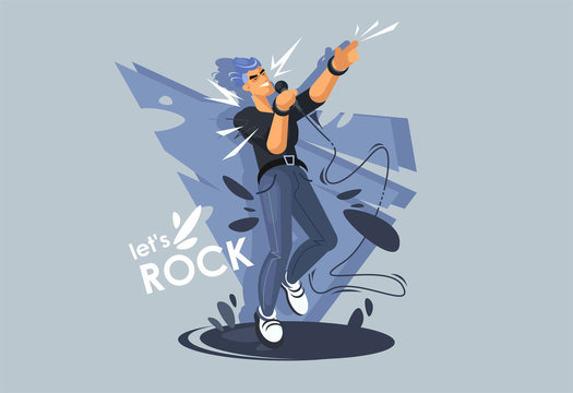 A young guy sings on stage, a Rock star. Rock Musician in a dynamic pose.