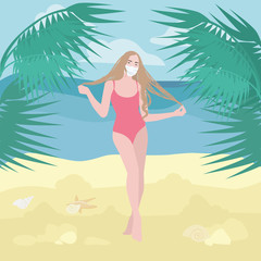 A girl with blond hair in a pink bathing suit stands on the beach near the sea and palm trees. Woman in a white medical mask on vacation abroad. Beach Vacations During Coronavirus Quarantine