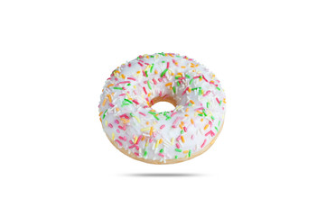 sweet donut in white glaze and with colored sprinkles isolated on a white background