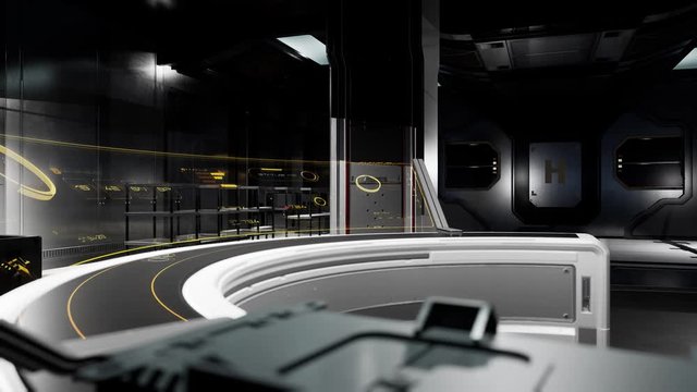 Futuristic abstract hi-tech scientific laboratory. Technology and advanced engineering, hologram data on command board. 3D animation render. Ascending, shallow depth of field