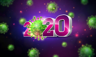 2020 Stop Coronavirus Design with Falling Covid-19 Virus Cell on Dark Background. Vector 2019-ncov Corona Virus Outbreak Illustration. Stay Home, Stay Safe, Wash Hand and Distancing.