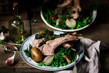 easter lamb with vegetables and herbs.style rustic.