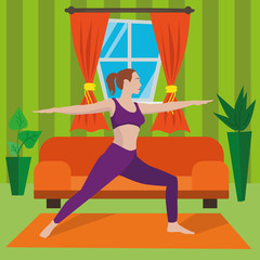 Fototapeta premium Girl do sports at home. Woman doing yoga pose exercise among orange sofa and indoor plants. Spiritual and physical practice at home. Vector illustration in cartoon style.