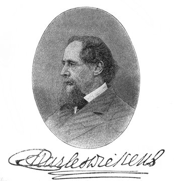 The Charles Dickens's portrait, the british writer in the old book the Great Authors, by W. Dalgleish, 1891, London