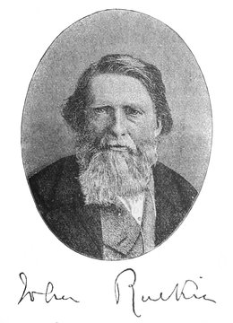 The John Ruskin's portrait, the british writer in the old book the Great Authors, by W. Dalgleish, 1891, London