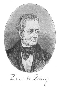 The Thomas Penson De Quincey's portrait, an English essayist in the old book the Great Authors, by W. Dalgleish, 1891, London
