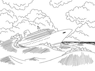Ship wreck graphic black white landscape sketch illustration vector