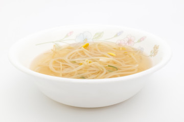 Bean sprouts soup on white background