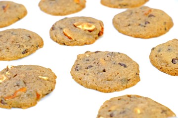 Homemade soft and chewy chocolate chip cookies isolate on white background.