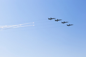 Su-24 aircraft salute with heat traps at the Navy Day parade in the city of Sevastopol, Crimea