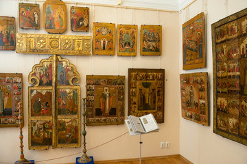 MUROM, RUSSIA - AUGUST 24, 2019:  Exposition of ancient icons and wooden sculptures of saints in the Murom Museum of History and Art