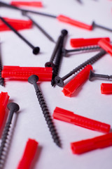 screws and dowels are randomly arranged on white background