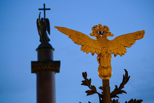 Russia, St.Peterburg. Golden double-headed eagles on the main forged gate of the State Hermitage