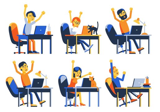 Happy remote worker with laptop jumped up for joy. Succesful people with computer. Online winning celebration. Vector illustration.