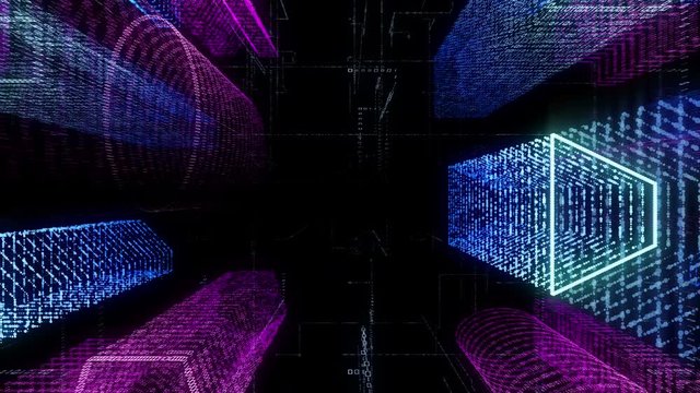 Abstract virtual city inside a computer system. Hologram 3D Big Data Digital City. Digital buildings with a binary code particles network. Technological and connection motion background. Looped