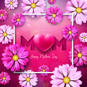 I Love You Mom. Happy Mother's Day Greeting Card Design with Flower and Red Heart on Pink Background. Vector Celebration Illustration Template for Banner, Flyer, Invitation, Brochure, Poster.
