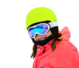Portrait of young smiling woman in ski goggles and sport helmet isolated on white background