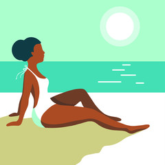 a young attractive girl in white swimming suit suntan on white sand on the beach with blue sea and sky behind her on a hot summer day - flat hand drawn vector illustration