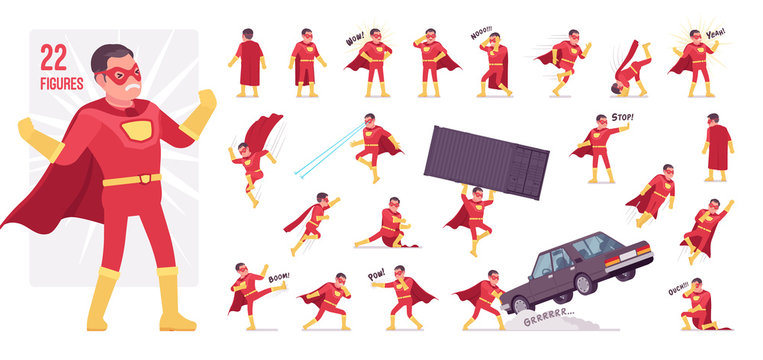 Male super hero in classic red costume character set. Heroic strong brave warrior, superpower man with combat and battle skills, successful guy. Full length, different view, gestures, emotions, poses