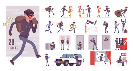 Thief, masked man stealing money character set. Burglar committing robbery, outlaw fraud operating lawless financial crime, bandit or hacker. Full length, different view, gestures, emotions, poses