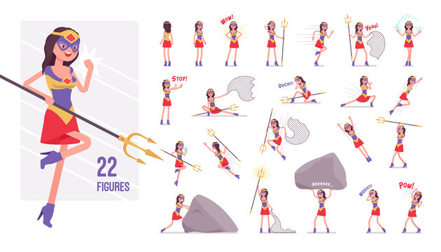 Female super hero in bright costume character set. Effective wonder warrior, superpower sexy woman with superior combat skills, successful lady. Full length, different view, gestures, emotions, poses