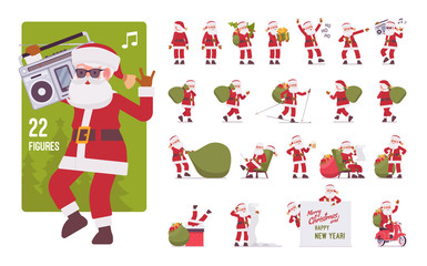 Santa Claus, cute Father Christmas with gift bag character set. Portly, jolly, white bearded man in a red coat carrying presents for children. Full length, different view, gestures, emotions, poses
