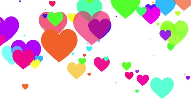 Loopable animation moves multicolored as heart icons on a white background.