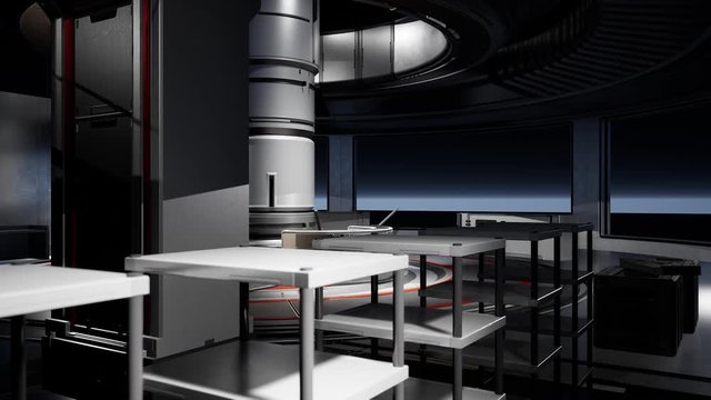 Futuristic abstract hi-tech scientific fiction laboratory. Interior sterile equipment of spaceship. Technology and advanced engineering. 3D animation render