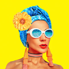 Contemporary art collage. Vacation fashion Girl Cuba Beach Style
