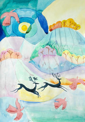 Cave painting style watercolor picture