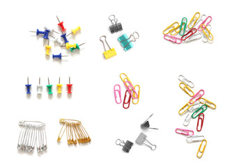Paper clip and pin isolated on white background